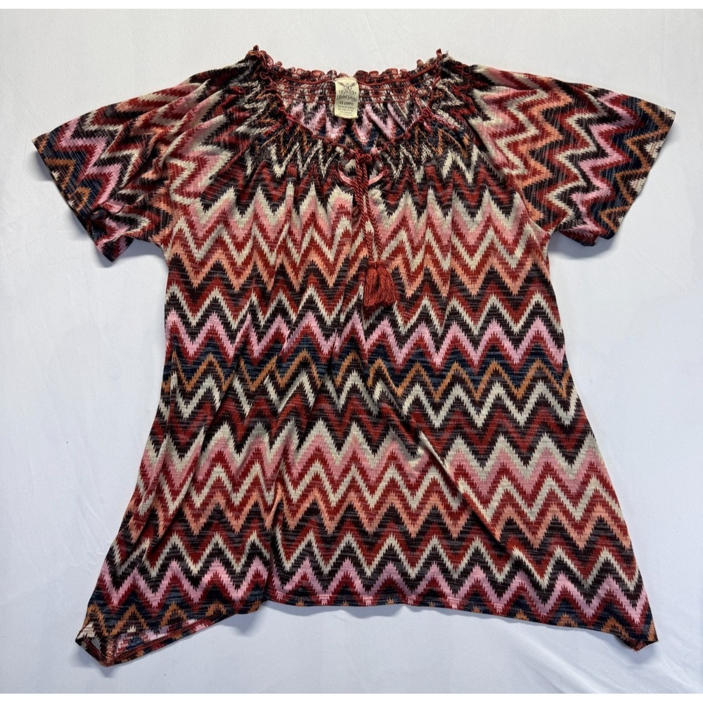 Faded Glory Blouse Top Womens 1X (16W) Multicolor Chevron Smocked Neck Tassel